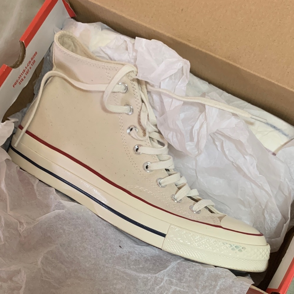 Converse High-Top Sneakers in Cream with Red and Blue Accents